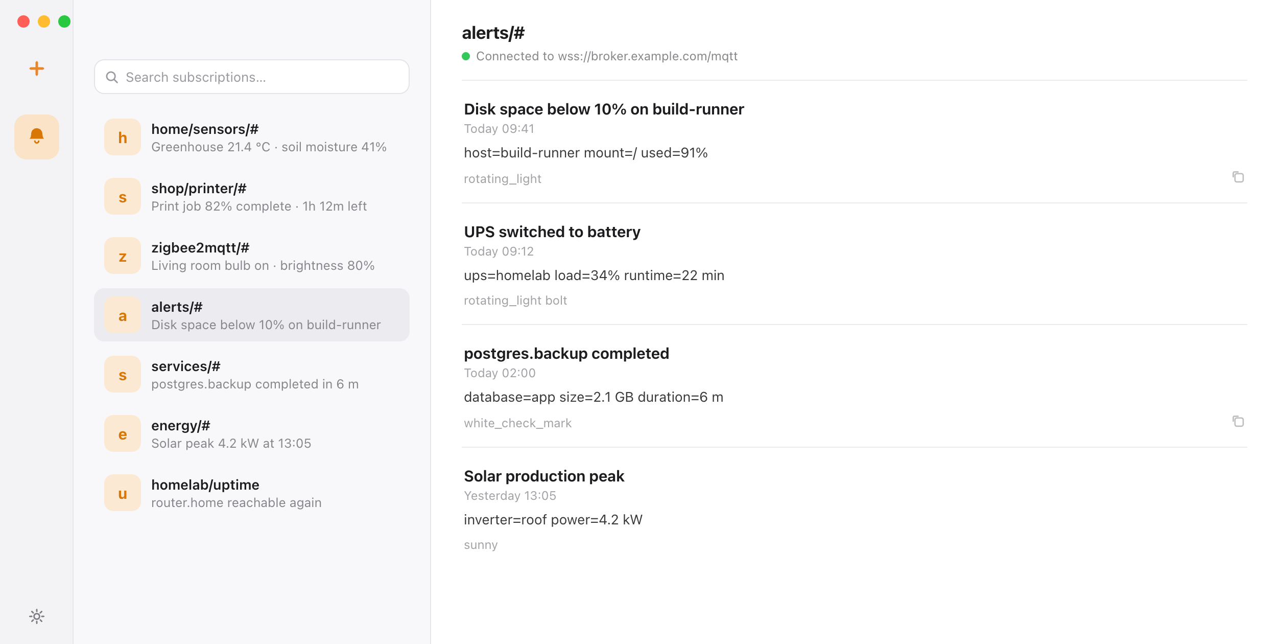 NTBX showing an MQTT subscription to alerts/# on wss://broker.example.com/mqtt with received messages