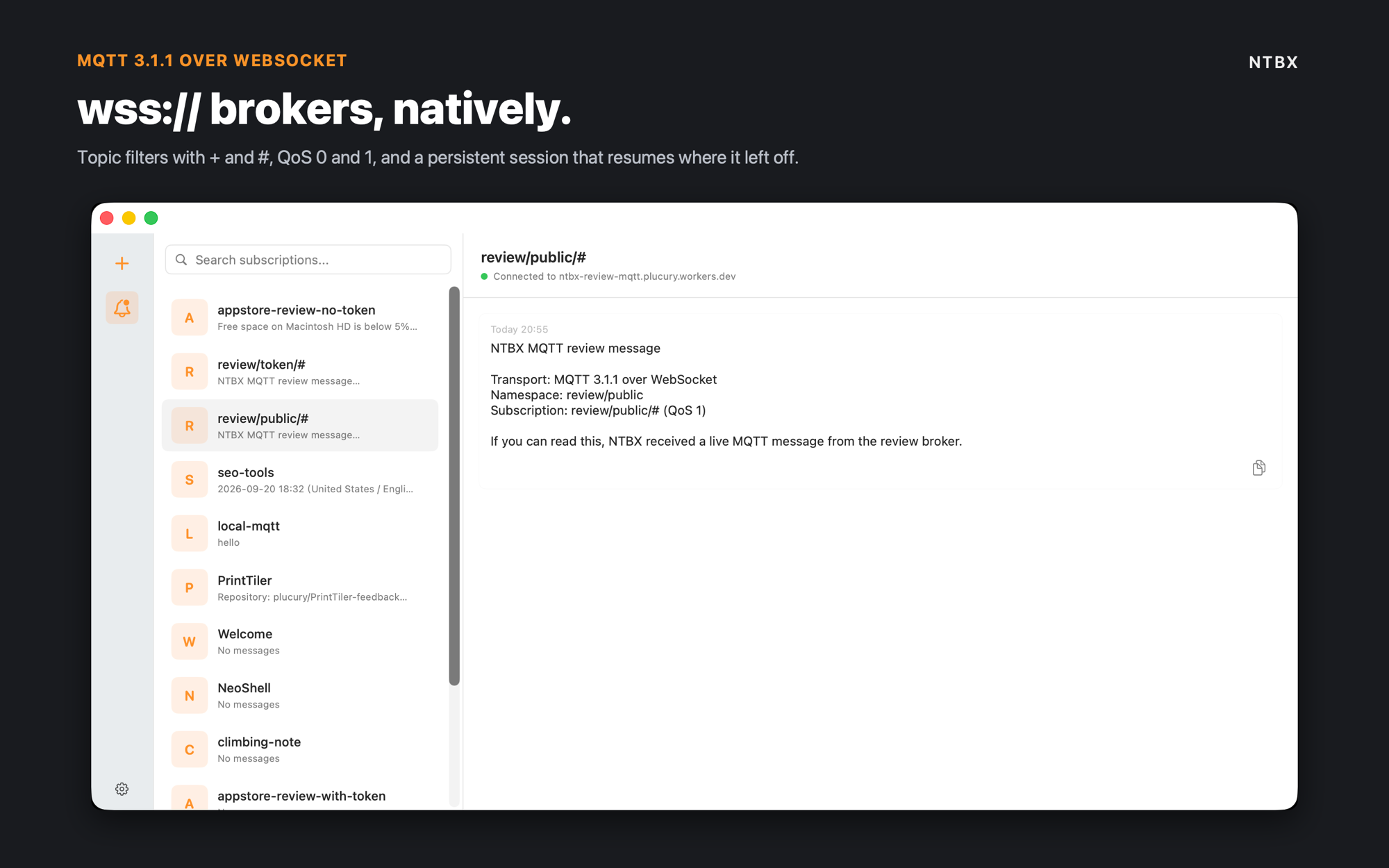 NTBX receiving an MQTT message from a WebSocket broker