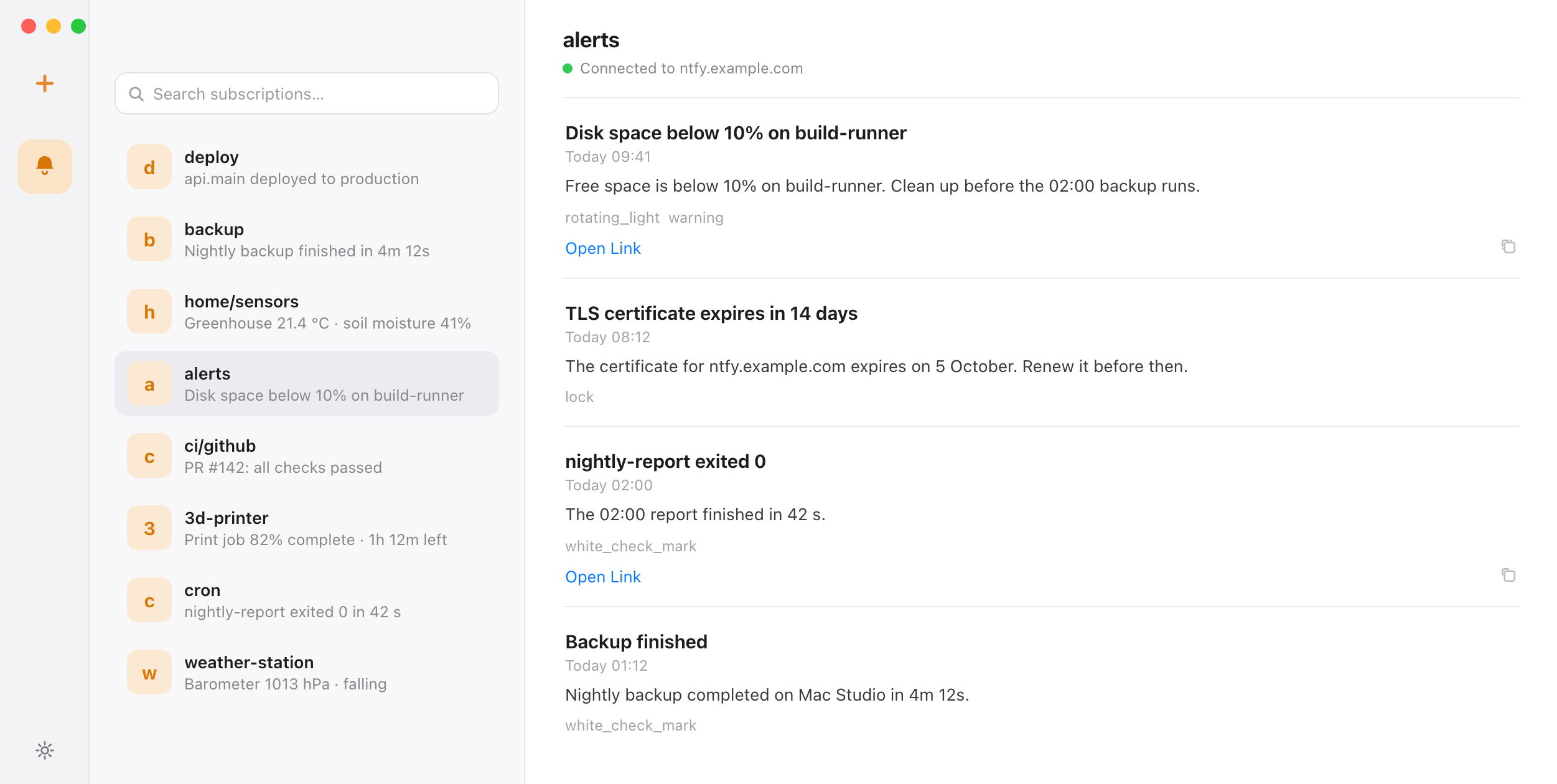 NTBX showing ntfy topics and MQTT broker subscriptions in one inbox on macOS